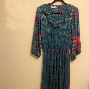 Vintage Willi of California Dress Rare Find Green w/Colorful Print Sz M-L